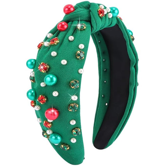 TODDER Green Christmas Knotted Headband, Santa Embellished Pearl Rhinestone Crystal Headband for Women and Girls Christmas Hair Accessories Costumes and Gifts for Themed Parties and Holiday