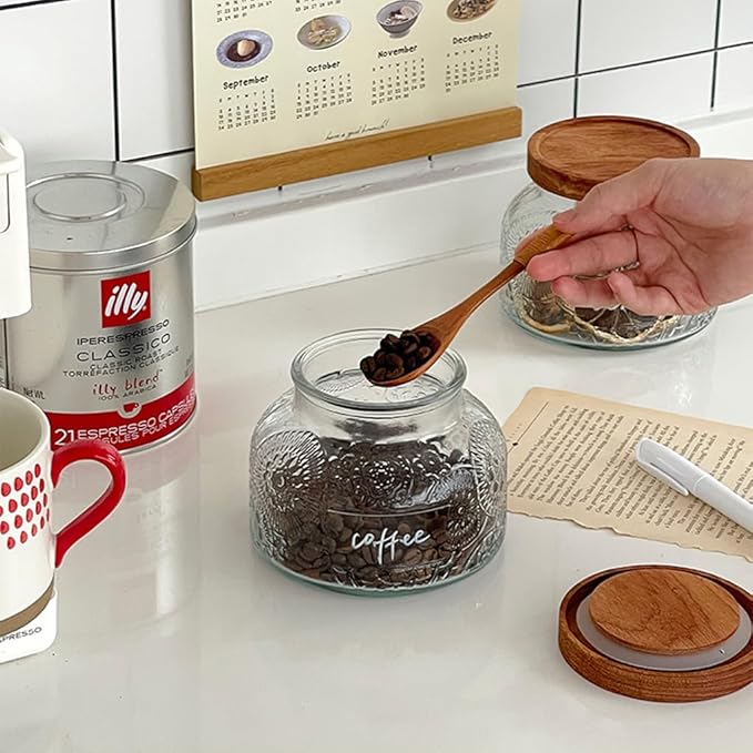 ANSQU Vintage Glass Food Storage Jar, Glass Jar with Wooden Lid, 25.4 FL OZ Decorative Glass Jar for Home Kitchen, Holds Coffee, Candy, Cookie, Sugar (Large Flower)