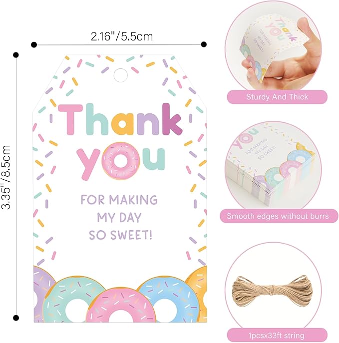 G2PLUS Donut Thank You Tags, 50 Pcs Thank You for Making My Day So Sweet Tags, Thanks Paper Gift Tag with Strring for Baby Shower, Birthday, Wedding Favors