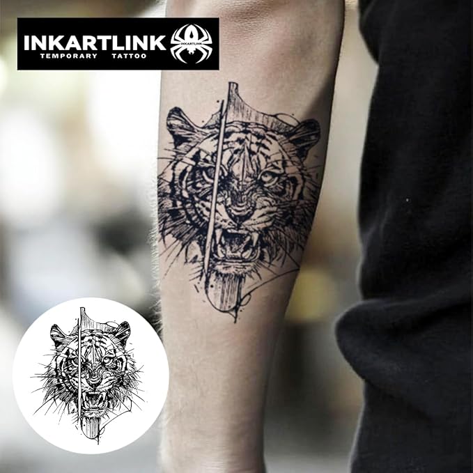 INKARTLINK Tattoo Tech, 2 Sheets Large Semi Permanent Tattoo, Adult Art Design Temporary Tattoos, Lasts 1-2 Weeks, Waterproof, Realistic Look, No Adhesive, No Reflection (Tiger Design)