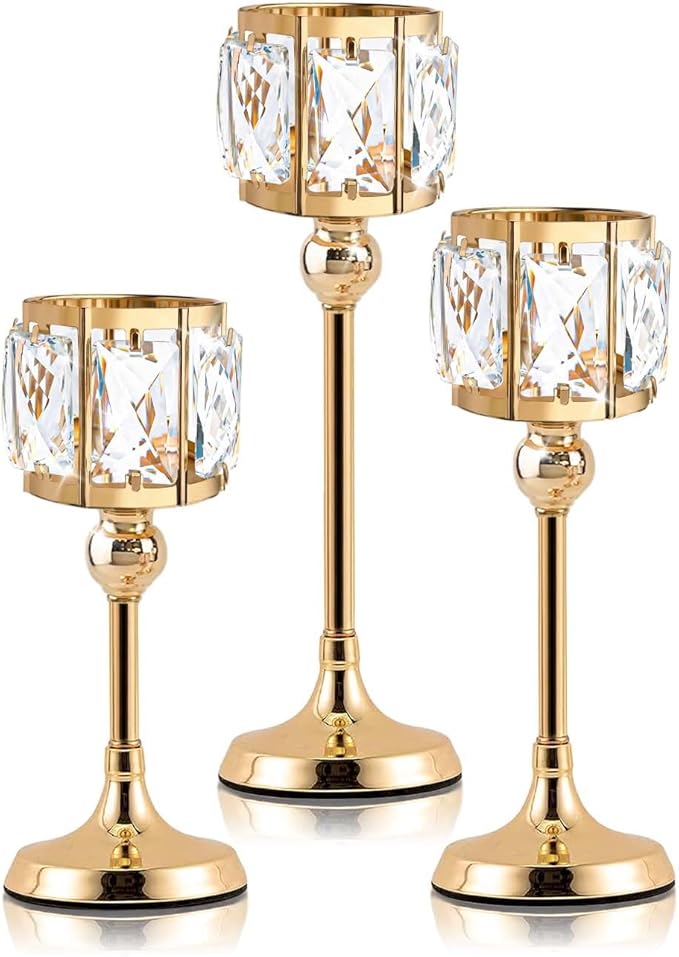 Set of 3 Cup Crystal Tealight Candle Holders, Centerpieces for Table Wedding Centerpieces Crystal Decorative Tealight Candle Dining Table Candle Holder Decor for Party (8.7"+10.6"+12.2", Gold)