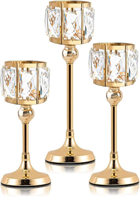 Set of 3 Cup Crystal Tealight Candle Holders, Centerpieces for Table Wedding Centerpieces Crystal Decorative Tealight Candle Dining Table Candle Holder Decor for Party (8.7"+10.6"+12.2", Gold)