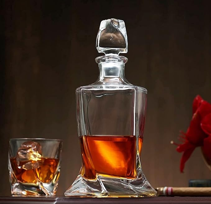 Whiskey Decanter Glasses Set Lead-Free Crystal Glass Scotch Tasting Cups Wine Bottle for Drinking Irish Whisky Bourbon Tequila tumbler (Twist, 1 Decanter & 6 Glasses Set)