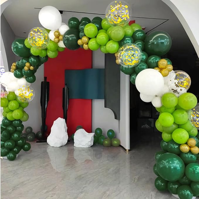 Green White Gold Balloon Garland Arch Kit, 156 Dark Green Metallic Gold White and Neon Green Balloons for Birthday Wedding Anniversary Safari Jungle Baby Shower