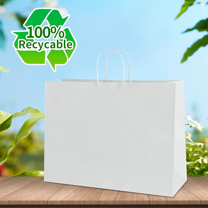 bagmad 100 Pack 16x6x12 Inches Large White Kraft Paper Bags with Handles Bulk for Shopping Wedding Grocery Retail Merchandise Business Craft Gift Bags(100 Count)