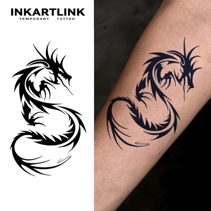 INKARTLINK Tattoo Tech, 2 Sheets Large Semi Permanent Tattoo, Temporary Tattoos, Last 1-2 Weeks, Waterproof, Realistic Look, No Adhesive, No Reflection （Dragon Design)316