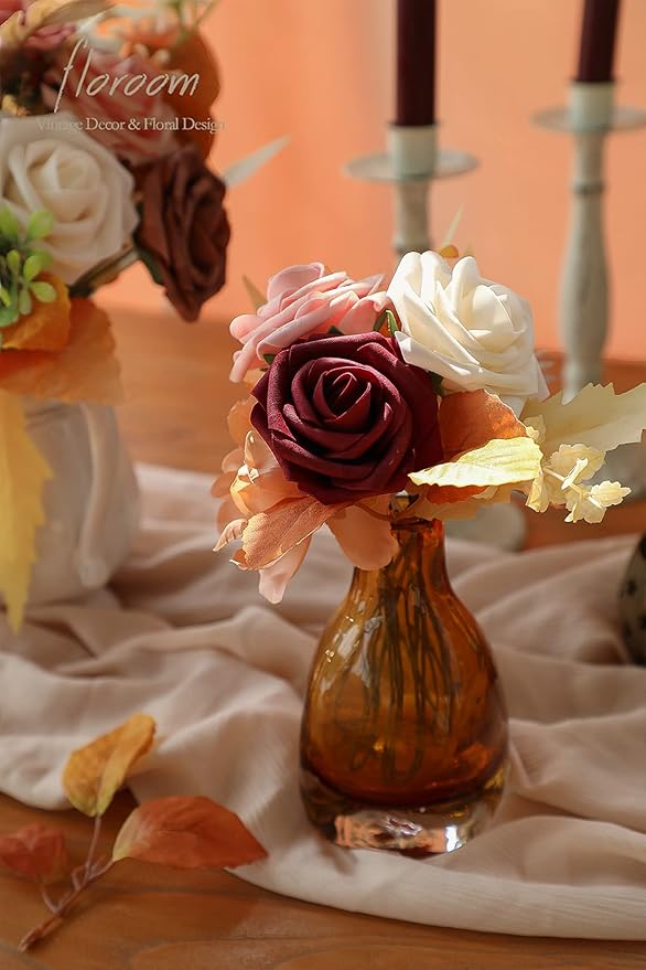 Floroom Artificial Flowers 25pcs Real Looking Burgundy Ombre Colors Foam Fake Roses with Stems for DIY Red Wedding Bouquets Bridal Shower Centerpieces Floral Arrangements Party Tables Home Decorations