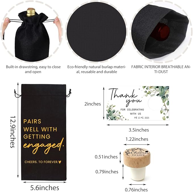 Engaged Gifts Engagement Gifts for Couples Her Engagement Party Decorations Bridal Shower Decorations Wine Gift Bag Cheers To Forever Wine Bottle Bag with Thank You Card And Stopper