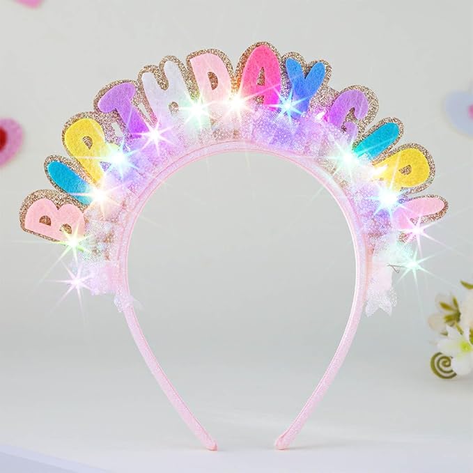 Light Up Birthday Girl Headbands LED Pink Birthday Crown Headpiece Glitter Party Hair Accessories for Women (Pink, One Size)