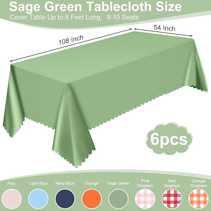 6 Pack Plastic Sage Green 54 X 108Inch Disposable Easter Scalloped Table Cloth, Waterproof Covers for Rectangle Table – Spring BBQ Picnic Wedding Bridal Shower Baby Shower Tea Party
