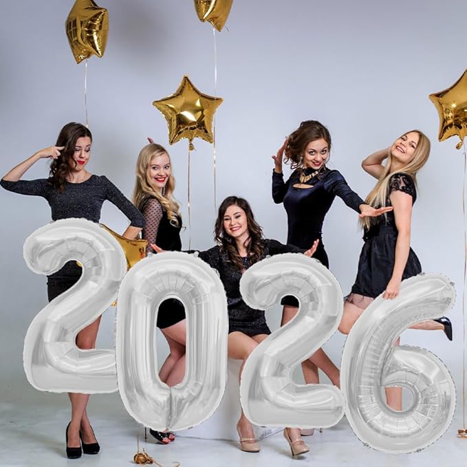 2026 Balloons, 40 Inch Foil Number Balloons, 2026 Balloon Numbers, Number Balloon for New Year Eve Festival Christmas Birthday Wedding Anniversary Party Supplies, New Years Decorations Silver