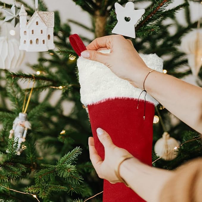 6Pack Red Christmas Stockings Traditional 20 Inch Large Vintage Christmas Stocking Polyester Plush Luxury Xmas Stocking for Family Holiday Party Decor and Xmas Tree Fireplace Mantle Pet