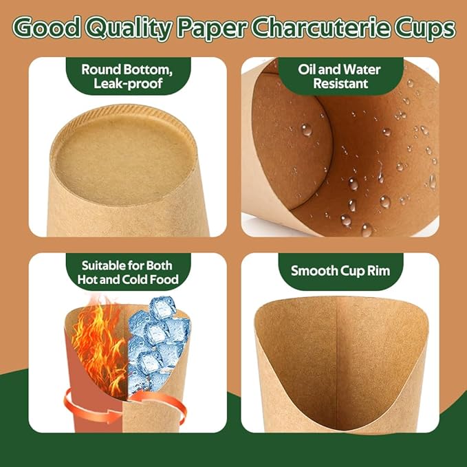 50 Sets 12 oz Charcuterie Cups, 100 Picks + 50 Bags + 50 Labels, Disposable Charcuterie Cups with Sticks and Bags, Brown Paper Snack Cup Disposable French Fry Cup for Parties, Catering