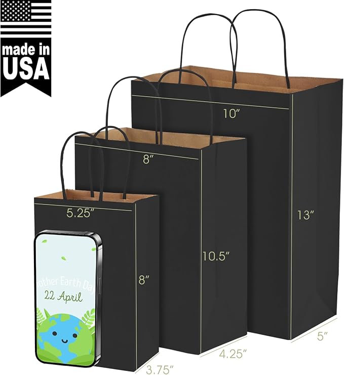 MESHA Gift Paper Bags 20000 PACK 5.25x3.75x8'' Black Small Shopping Kraft Bags Bulk with Handles Reusable for Business,Grocery,Birthday,Wedding,Kids Party,Favors