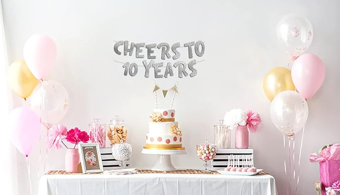 Cheers to 10 Years Silver Glitter Banner - 10th Anniversary and Birthday Party Decorations