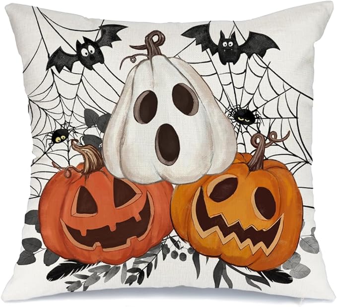 AACORS Halloween Pillow Cover 18X18 Inch Pumpkin Jack-O'-Lanterns Bat Web Decoration Holiday Farmhouse Pillow Case Decor for Home Sofa Couch AA306-18