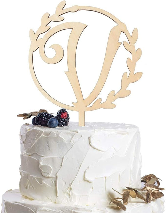 LINGTEER Personalized Inital Letter V Wooden Cake Topper Perfect for Birthday Rustic Wedding Anniversary Party Keepsake Decoration