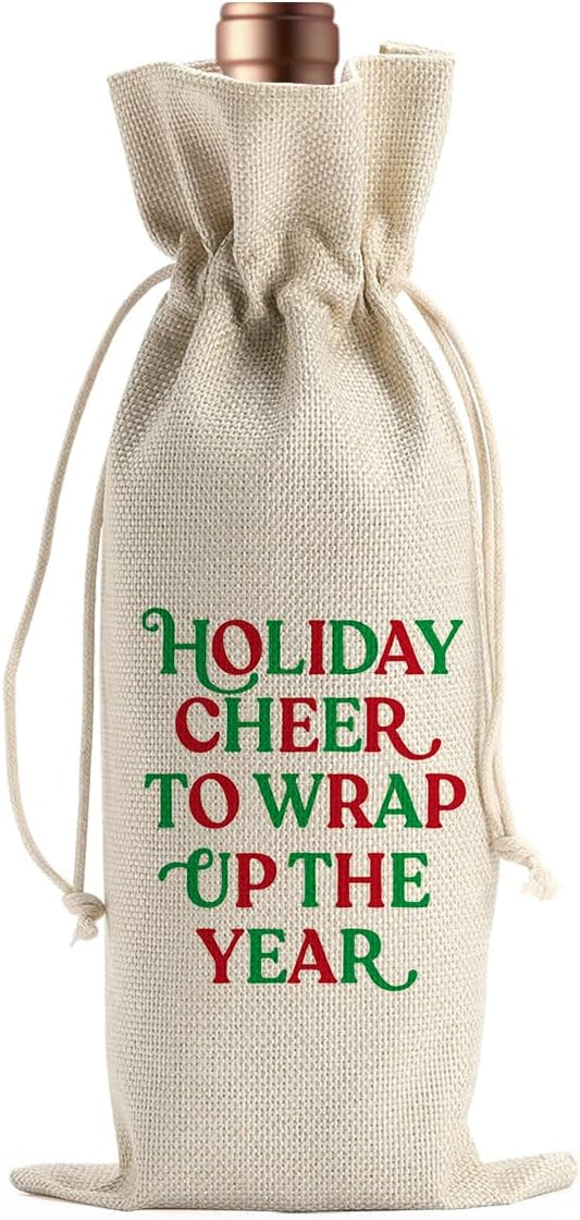 Funny Christmas Wine Bags for Wine Bottles Gifts Christmas Wine Bottle Cover Drawstring Gift Bags Holiday Cheer Burlap Wine Bag for Xmas Holiday Housewarming Party Decorations