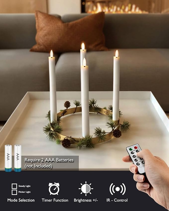Homemory Real Waxy Flameless Taper Candles with Remote Timer, LED Candlesticks Flickering, Battery Operated Candles, 9.6 Inches for Home Christmas Wedding Celebration Decor, White, Pack of 6