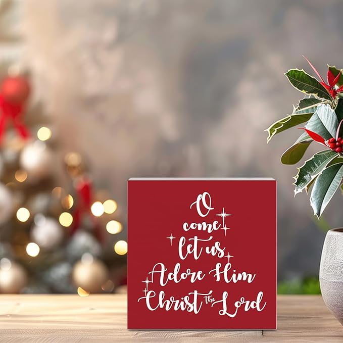 O Come Let Us Adore Him Red Christian Christmas Decorations Religious Church Christmas Decor for Bathroom Home Office 5 x 5 Inch