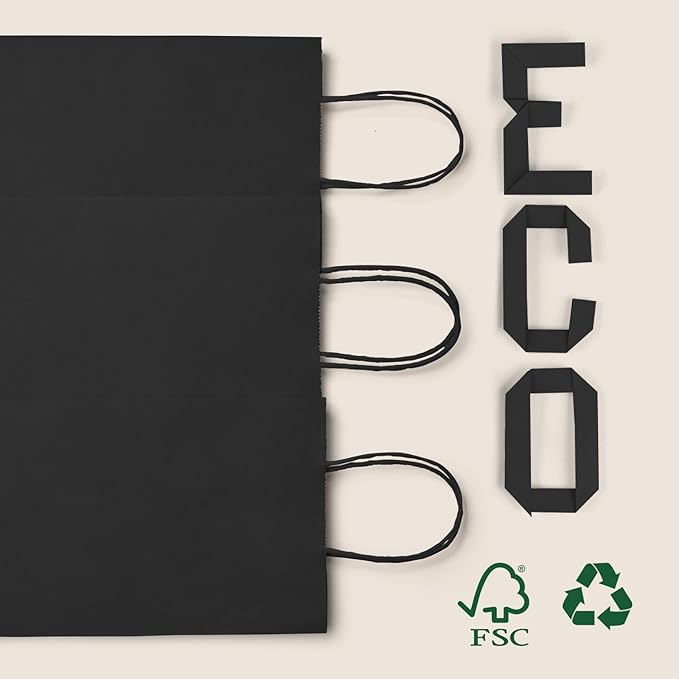 MESHA Black Gift Bags 5.25x3.75x8 Inch 50 Pack Small Black Paper Bags with Handles Bulk for Small Business Birthday Wedding Party Favor