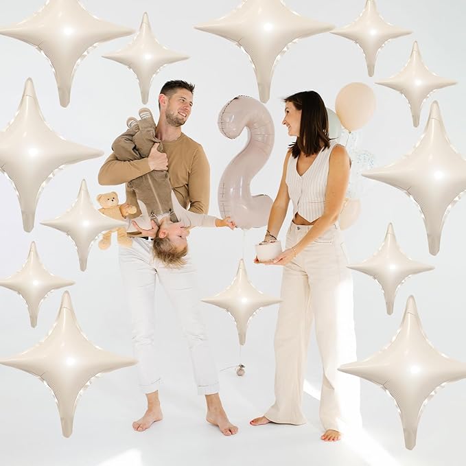 Cream White Star Balloons,12Pcs Four Angle Star Foil Balloons,26Inch and 10Inch Sand White Quadrangle Helium Balloon for Birthday Baby Shower Anniversary Party Decorations