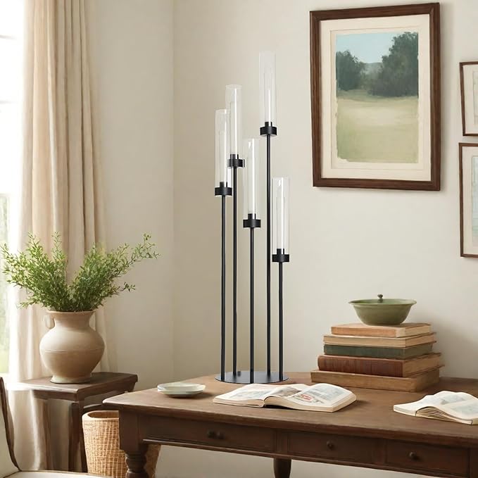 39.8''Matte Black Candle Holder with Acrylic Shades Tall 5 Arm Candelabra Black Table Centerpiece 6PCS for Wedding Living Dining Room Fireplace Decoration Fit 0.98''LED Taper Candle