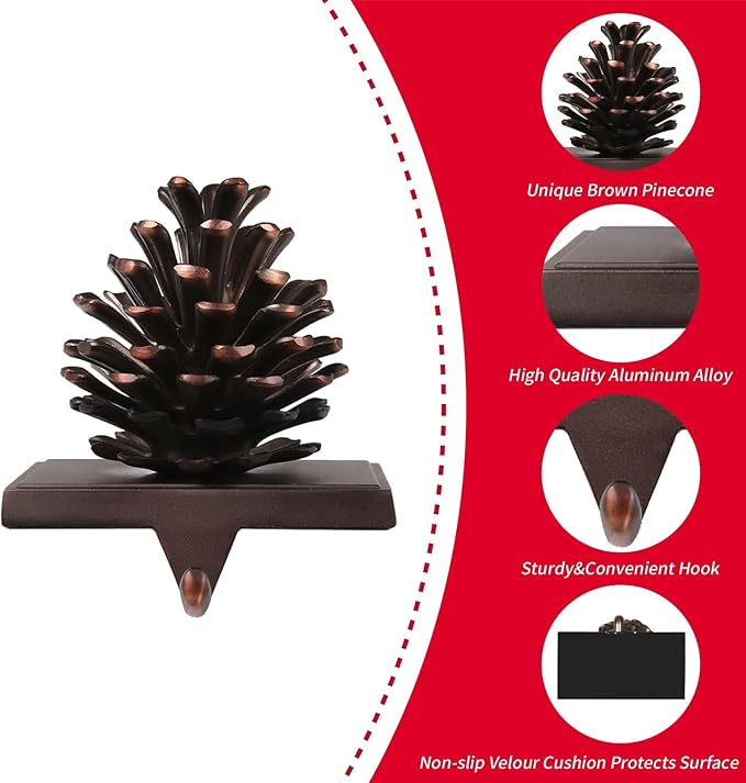 JUSTOTRY 3D Pine Cones Christmas Stocking Holders for Mantle Set of 4 with Non-Skid Brown Stocking Holder for Fireplace Home Decor Holiday Gifts Xmas Decorations Supplies