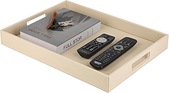 HofferRuffer Rectangle Serving Tray with Hole Handles for Coffee Table, Breakfast, Tea, Food, Butler - Countertop, Kitchen, Vanity Serve Tray, 16.2 x 12.2 x 2 inches, Faux Leather (Dark CreamWhite)