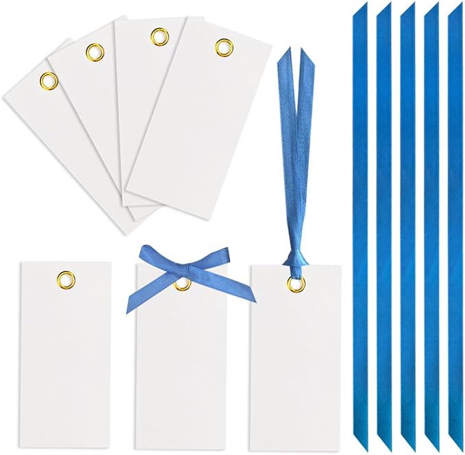 25 Pcs Name Place Cards Blank Seat Card, 2 x 4 in Table Cards with Stain Ribbon, Wedding Place Card, Hanging Tags for Wedding table Setting Reserved Chairs Signs Dinner Banquet Parties.(Blue)