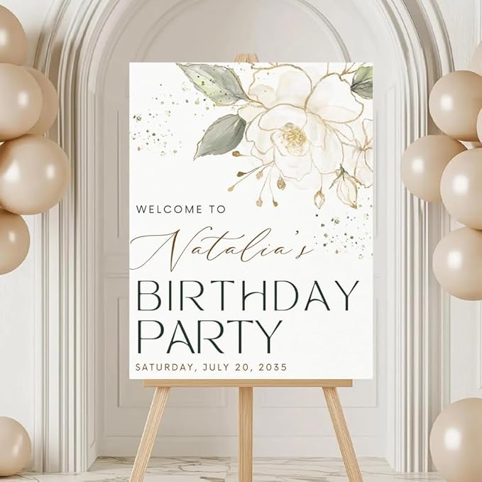 Birthday Party Welcome Sign, Gold Leaves Floral | Any Party Celebration Welcome Sign Template | customized birthday yard signs, birthday decorations, birthday Sign