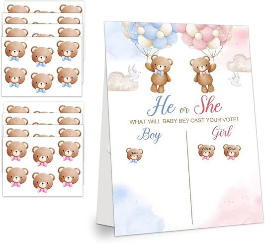 Gender Reveal Party Games, Bear Theme Baby Gender Reveal Voting Board Sign, 48 Stickers, "He or She, WHAT WILL BABY SMITH BE?" - Baby Gender Reveal Party Decorations Games for Boy or Girl Shower .