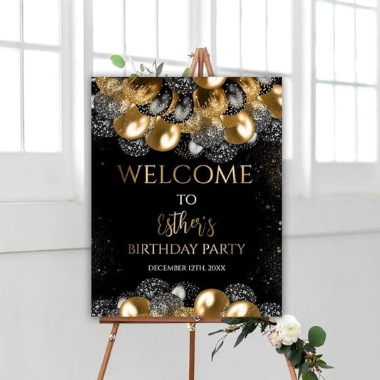 Happy Birthday Welcome Sign, Black and Gold Glitter Balloons Birthday Party, Birthday Sign Board, Personalized Birthday Signs