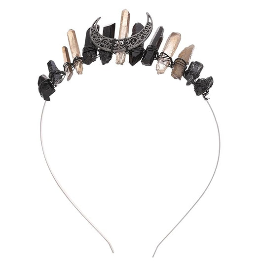 Witch Crystal Headband Crown for Women - Brown Black Fairy Moon Headpiece for Gothic Queen, Elf Circlet for Wedding Prom Quinceañera Pageant Bridal, Renaissance Halloween Headwear