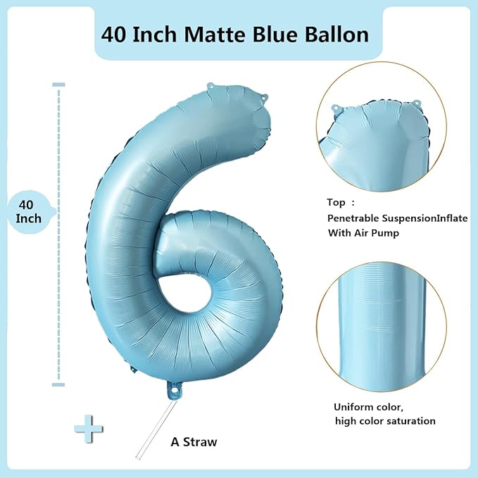 40 Inch Matte Blue 6 Number Balloons Light Blue Number 6 Foil Balloon Mylar Helium Balloon for Birthday Party Decoration Wedding Anniversary Supplies (Number 6)