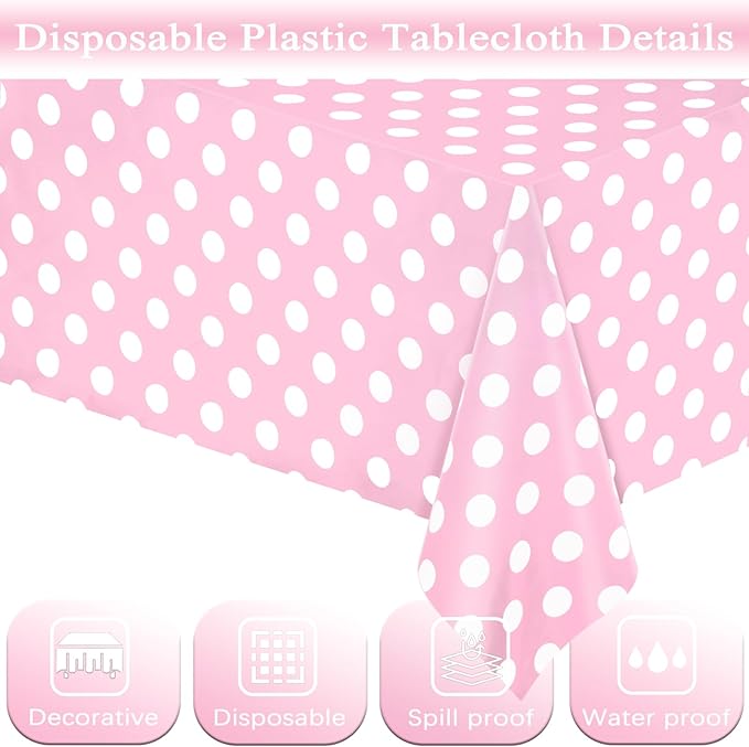 WNINK 4 Pack Light Pink and White Polka Dot Tablecloths, Pink Disposable Plastic Table Cover for Birthday, Wedding, Bachelor, Pink Girl Party, and Picnic Camping Parties 54" x 108"