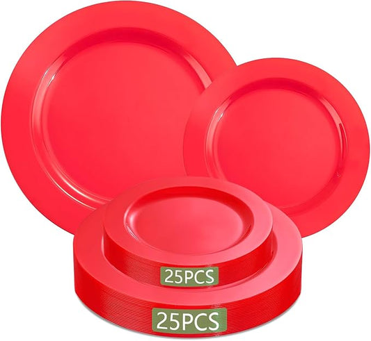 MENDENG 50PCS Red Plastic Plates for Party, 25x10.25 Dinner Plates & 25x7.5 Dessert Plates, Heavy Duty Disposable Plastic Plates for Party Birthday Christmas New Year