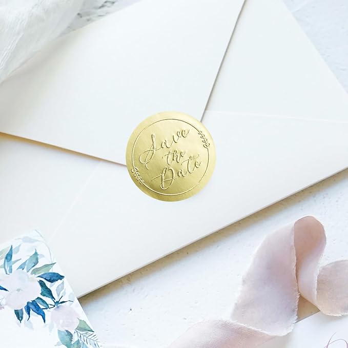 100 x Save The Date Stickers – Embossed Gold Foil Labels – Elegant Envelope Seals for Wedding Invitations & Party Favors – Metallic Foil Tags, 1.6 Inch