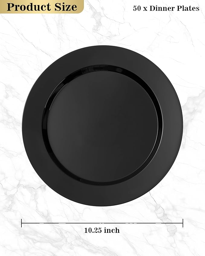BESTVIP 50PCS Black Plastic Plates, 10.25 Inch Disposable Dinner Plate Party, Heavy Duty Disposable Plastic Plates - Ideal for Halloween Parties, Wedding and Birthday, Everyday Meals Use