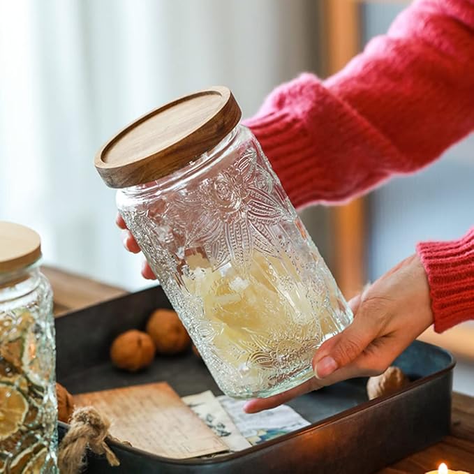 ANSQU Vintage Glass Storage Jar, Glass Canister Storage Jar Container with Airtight Wooden Lid for Kitchen Counter, Pantry, Coffee, Tea, Sugar, Cookie Jars (Round&Square-Sunflower)