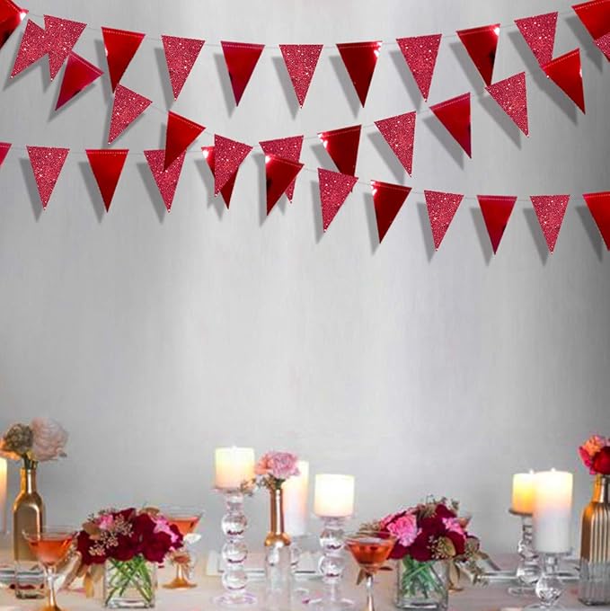 30Ft Red Party Decorations Glitter Metallic Paper Triangle Banner Flag Pennant Bunting for Graduation Wedding Engagement Anniversary Bachelorette Birthday Bridal Shower Valentines Hen Party Supplies
