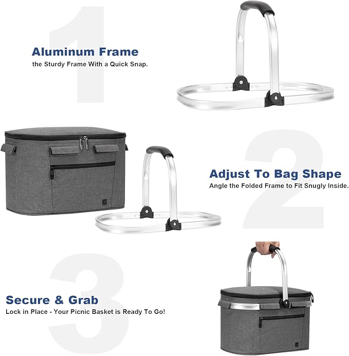 ALLCAMP Insulated Cooler Bag portable Collapsible Picnic Basket Cooler with Sewn in Frame (Medium Gray)