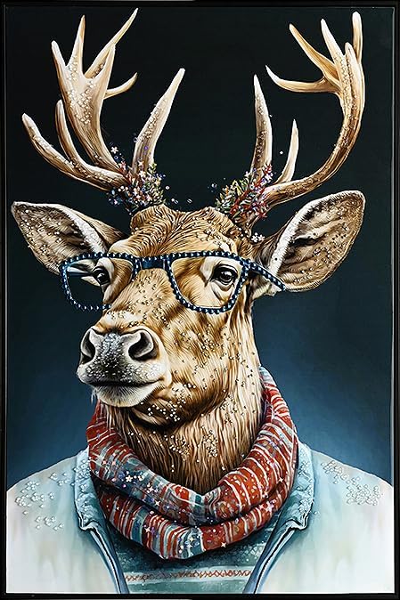 YPGEAME Deer Pictures Wall Decor, Framed Wall Art, Deer with Blue Glasses And Red Scarf, for Halloween and Christmas Decorations in Living Rooms, Bedrooms, and Offices, 24×36 in
