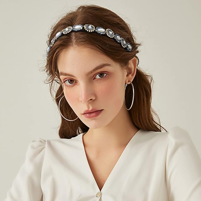 AMCAMI 5Pcs Rhinestone Beaded Headband Crystal Hairbands for Women in 5 Different Patterns - Elastic Headbands for Girls - Vintage Hair Accessories for Party Daily Wear