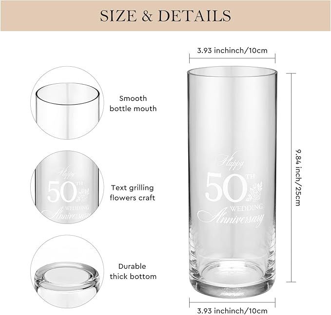 AW BRIDAL 50th Anniversary Wedding Gifts for Couples, 50th Anniversary Decorations for Parents Mom Dad, 50Year Golden Wedding Vase Centerpiece, Friend Sister Birthday Gifts, Flower Vase Home Decor