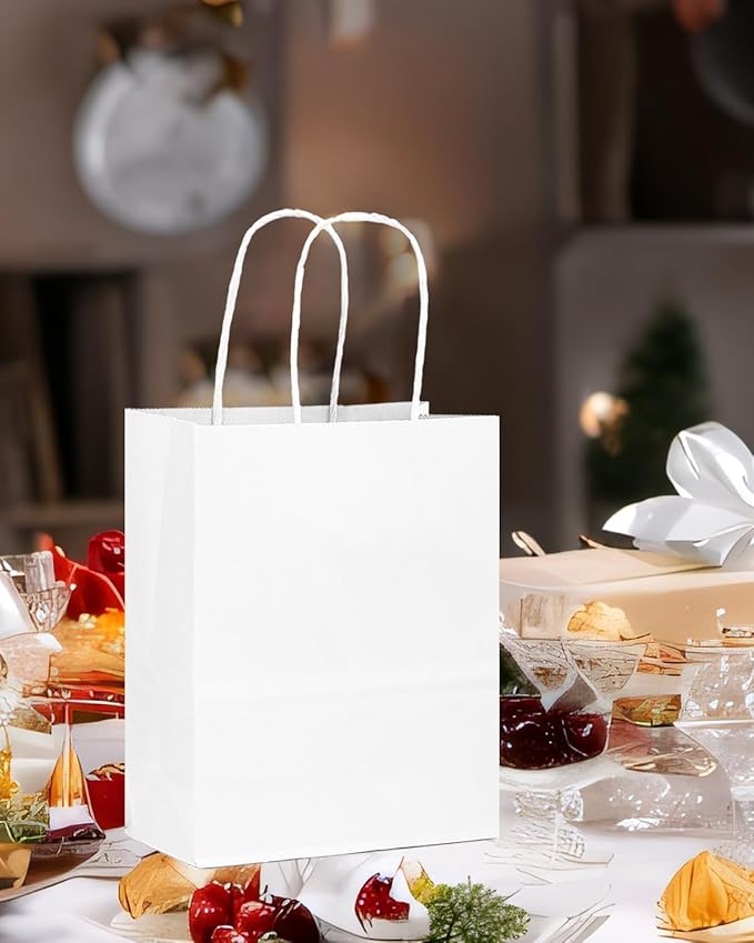 qiqee 200-Packs White Paper Gift Bags with Handles Bulk 10.6"x8.3"x4.3" Medium Size Paper Bags Multiple Uses
