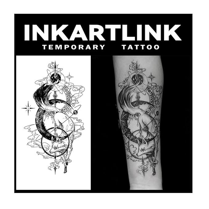 INKARTLINK Tattoo Tech, 2 Sheets Extra-Large Semi Permanent Tattoo, Adult Art Design Temporary Tattoos, Lasts 1-2 Weeks, Waterproof, Realistic Look, No Adhesive, No Reflection (Fox God Design)