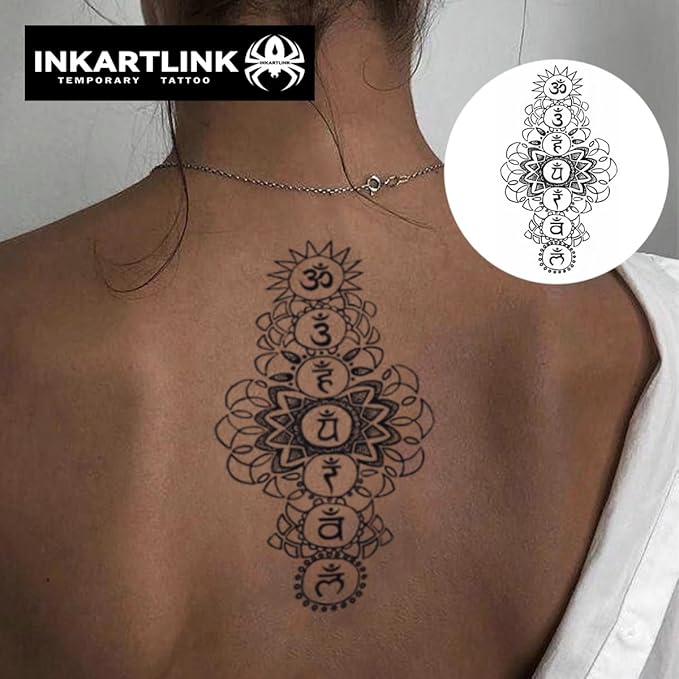 INKARTLINK Tattoo Tech, 2 Sheets Medium Semi Permanent Tattoo, Adult Art Design Temporary Tattoos, Lasts 1-2 Weeks, Waterproof, Realistic Look, No Reflection (Chakra Mandala)