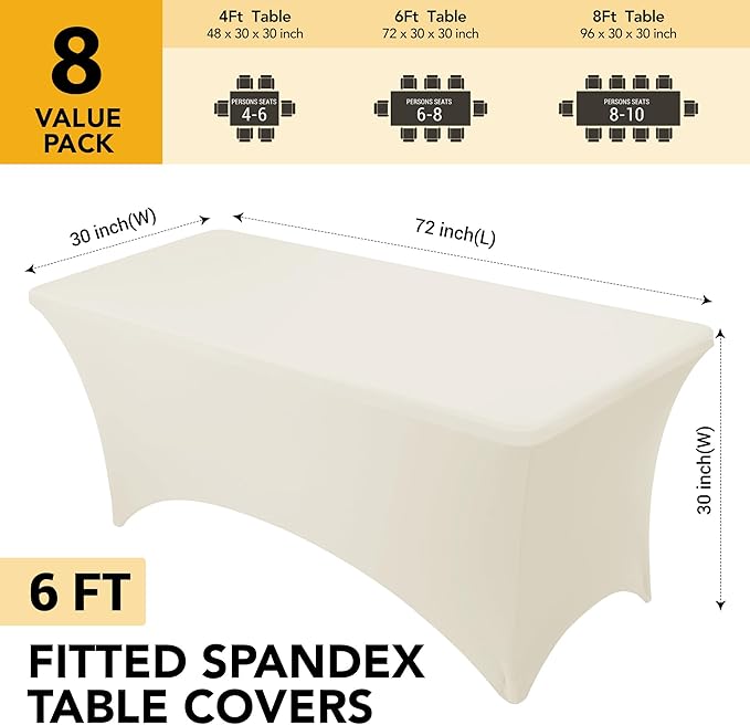 8-Pack Premium Cream Spandex Tablecloths for 6ft Rectangle Tables, Stain & Wrinkle-Resistant, Washable Stretch Polyester Fitted Table Cover for Weddings, Banquets, Trade Shows Events