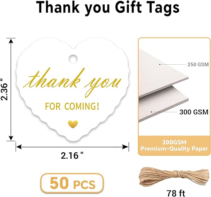 50pcs Gold Foil Thank You Tags with String, Pre-Punched Hole Gift Tags with String - Perfect for Weddings, Baby Showers, Parties, Celebrations - Thanks You for Coming (2.36"*2.16")